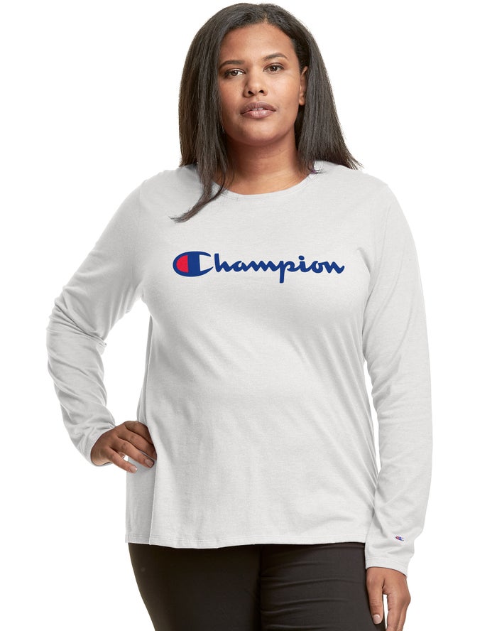 Champion Plus Classic Long-Sleeve Script Logo - Naisten Valkoinen T-Paita - Suomi 6137284-KU